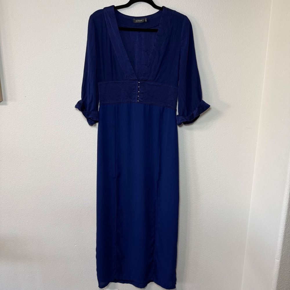 Glassons Womens Royal Blue V-Neck Empire Waist Flowy Maxi Party Dress Size 12